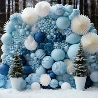 AI generated Create a magical winter scene with this beautiful blue and white balloon backdrop perfect photo