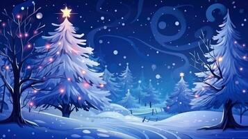 AI generated Winter forest with illuminated Christmas tree photo