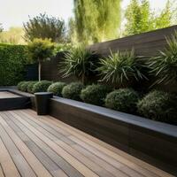ai generado minimalista jardín diseño con un sorprendentes de madera cubierta foto