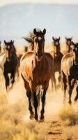 ai generado un manada de salvaje mustangs corriendo a través de un Desierto paisaje foto