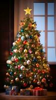 AI generated Christmas tree with colorful lights creating a cozy atmosphere photo
