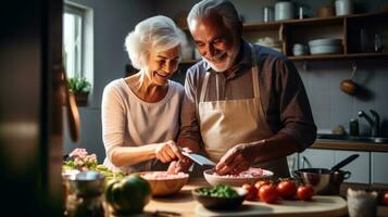 ai generado mayor Pareja Cocinando desayuno juntos en su acogedor cabina cocina foto