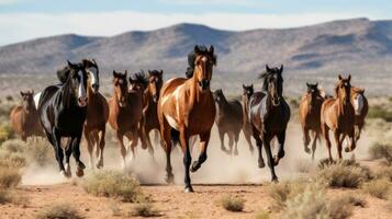 AI generated A herd of wild mustangs running across a desert landscape photo