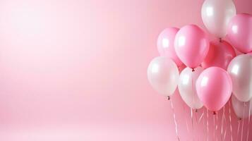 AI generated minimalist wallpaper, balloons, large copyspace area, pastel pink background, offcenter composition photo