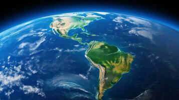 AI generated breathtaking view of our planet from afar, with the deep blue oceans and green land masses visible photo