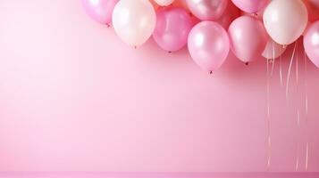 AI generated minimalist wallpaper, balloons, large copyspace area, pastel pink background, offcenter composition photo