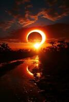 AI generated solar eclipse, with the moon casting a shadow over the sun and creating a stunning visual effect photo