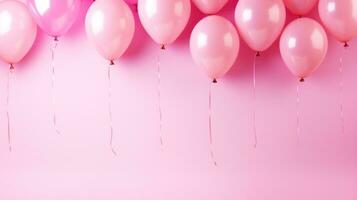 AI generated minimalist wallpaper, balloons, large copyspace area, pastel pink background, offcenter composition photo