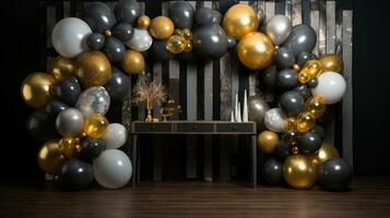 AI generated new year with this vibrant backdrop featuring metallic gold and silver balloons against a black photo