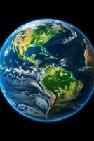 AI generated breathtaking view of our planet from afar, with the deep blue oceans and green land masses visible photo
