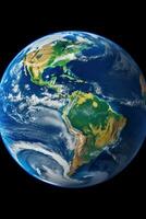 AI generated breathtaking view of our planet from afar, with the deep blue oceans and green land masses visible photo