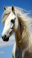 AI generated a powerful stallion with flowing mane and tail, standing proudly against a blue sky photo