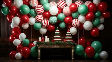 AI generated simple yet stylish balloon backdrop in shades of red, green, and white photo