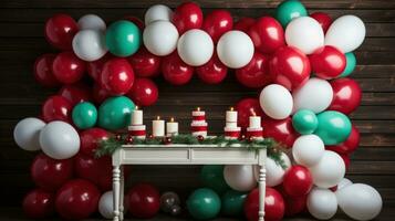 AI generated simple yet stylish balloon backdrop in shades of red, green, and white photo