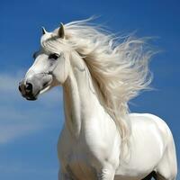 AI generated a powerful stallion with flowing mane and tail, standing proudly against a blue sky photo