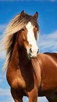 AI generated a powerful stallion with flowing mane and tail, standing proudly against a blue sky photo