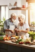 AI generated an elderly couple is seen cooking breakfast together in their quaint kitchen photo