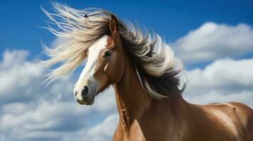 AI generated a powerful stallion with flowing mane and tail, standing proudly against a blue sky photo