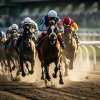 AI generated A thrilling shot of jockeys and their horses thundering past the finish line at a racetrack photo