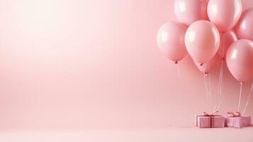 AI generated minimalist wallpaper, balloons, large copyspace area, pastel pink background, offcenter composition photo