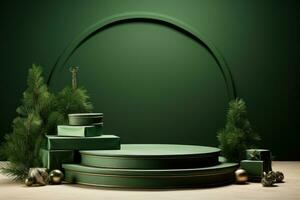 AI generated green round pedestal with christmas trees and christmas gifts photo