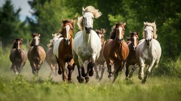 AI generated A group of horses running across a meadow, captured in a dynamic action shot photo