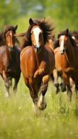 ai generado un grupo de caballos corriendo a través de un prado, capturado en un dinámica acción Disparo foto