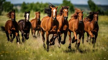 AI generated A group of horses running across a meadow, captured in a dynamic action shot photo