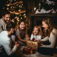 AI generated family happy at christmas with christmas tree and christmas ornaments, photo