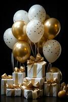 AI generated elegant gold and white balloon display set against a dark background photo