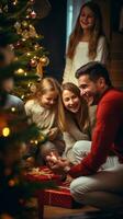 ai generado familia contento a Navidad con Navidad árbol y Navidad adornos, foto