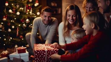 AI generated family happy at christmas with christmas tree and christmas ornaments, photo