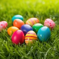 AI generated A vibrant green grass background with colorful Easter eggs scattered throughout photo