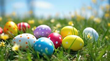 AI generated A vibrant green grass background with colorful Easter eggs scattered throughout photo