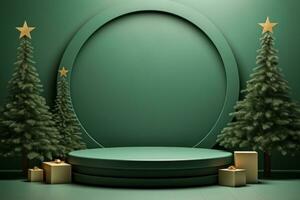 AI generated green round pedestal with christmas trees and christmas gifts photo