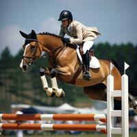 ai generado un jinete y caballo altísimo terminado un serie de saltos en un ecuestre competencia foto