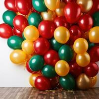 AI generated A festive background featuring colorful balloons in shades of red, green, and gold photo