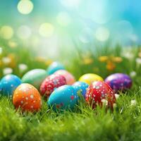 AI generated A vibrant green grass background with colorful Easter eggs scattered throughout photo