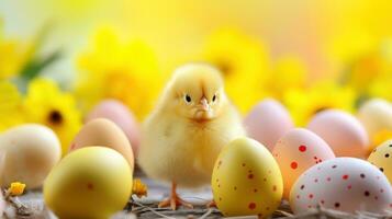 AI generated A playful background with bright yellow Easter chicks and colorful eggs, photo