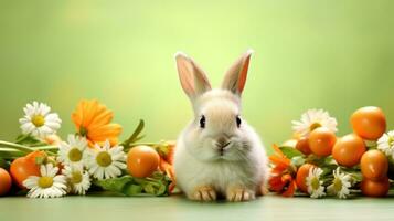 AI generated green background with a cute and whimsical Easter bunny in the center, surrounded by spring flowers photo