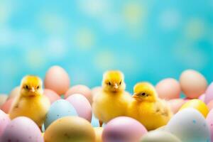 AI generated A playful background with bright yellow Easter chicks and colorful eggs, photo