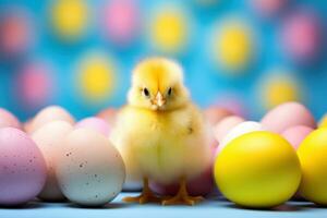 ai generado un juguetón antecedentes con brillante amarillo Pascua de Resurrección polluelos y vistoso huevos, foto