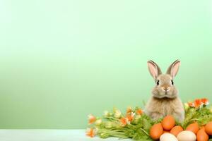 AI generated green background with a cute and whimsical Easter bunny in the center, surrounded by spring flowers photo