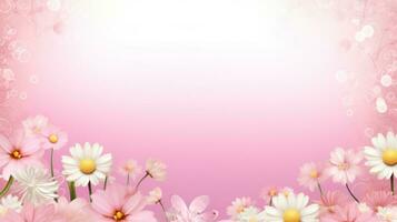 AI generated pink background with a cute and whimsical Easter bunny in the center, surrounded by spring flowers photo