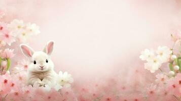 AI generated pink background with a cute and whimsical Easter bunny in the center, surrounded by spring flowers photo