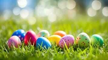 ai generado un vibrante verde césped antecedentes con vistoso Pascua de Resurrección huevos dispersado a lo largo de foto