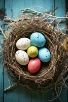 AI generated A rustic, natural background with a bird's nest filled with speckled Easter eggs photo