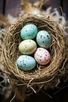 AI generated A rustic, natural background with a bird's nest filled with speckled Easter eggs photo