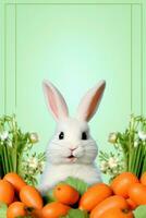 AI generated green background with a cute and whimsical Easter bunny in the center, surrounded by spring flowers photo