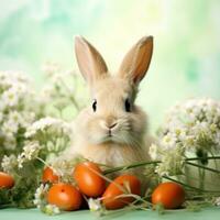 AI generated green background with a cute and whimsical Easter bunny in the center, surrounded by spring flowers photo